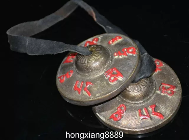 Old Tibet Buddhism Pure Bronze Painting scriptures Musical Bell Pair String 3