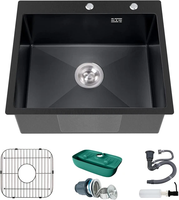 Black Kitchen Sink, Stainless Steel Topmount Bar Sink 25x22x9 Inch Single Bowl