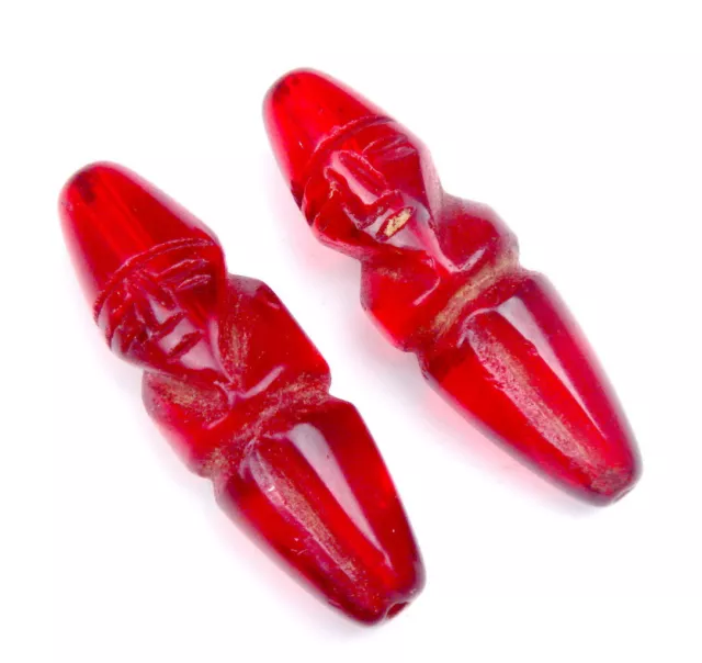 Pair Old Tibetan Red Crystal Carved Ancient Figurine Shaped Beads #06212102