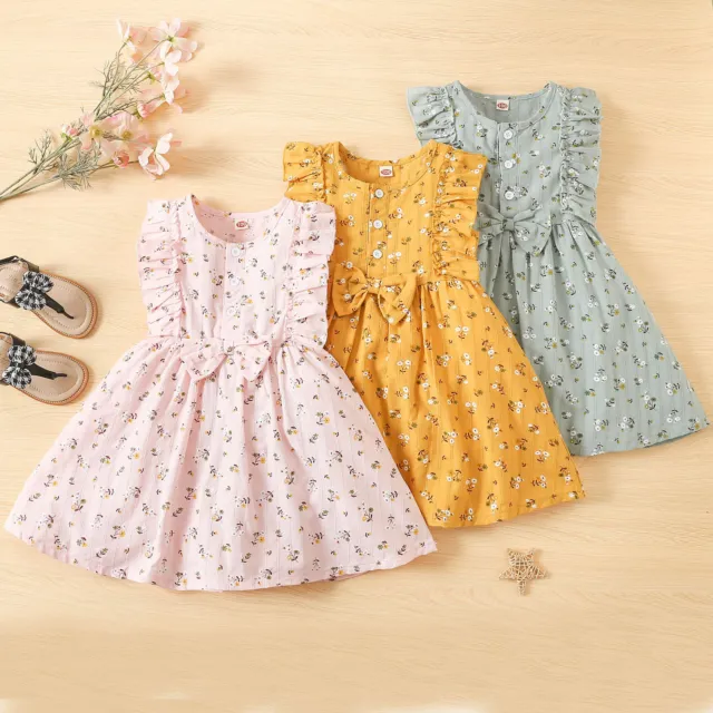 Toddler Baby Girls Sleeveless Ruffles Floral Printed Bowknot Princess Dress