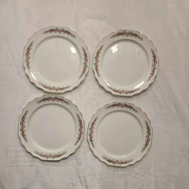 4 WS George White Lido Silver Rim Floral Rim 9.25" Luncheon Plate Pink Scrolls
