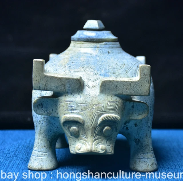 6.4" Old Chinese Hetian Jade Nephrite Carved Cattle Ox Beast Zun Pot Statue