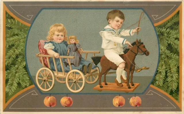 c1907 Christmas Postcard Boy on Toy Horse Pulling Sister & her Doll in Wagon