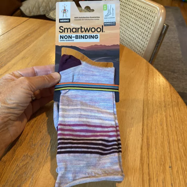 SmartWool Merino Wool Womens Pressure-Free Crew Socks- Purple Stripe- SZ Med NWT