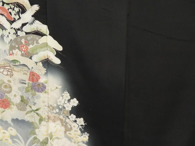 0907T04z530 Vintage Japanese Kimono Silk TOMESODE Black Flowers 5