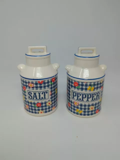 Enesco Ceramic Milk Can Salt & Pepper Shakers - Blue Gingham & Flower Design 4"