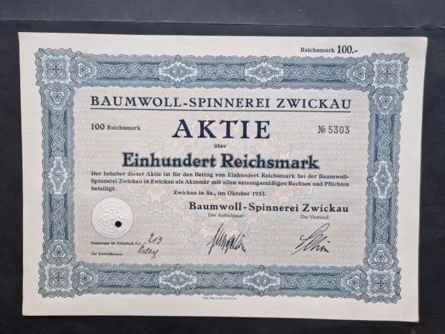 Aktie Baumwoll-Spinnerei Zwickau 100 RM 1933 Zwickau in Sachsen