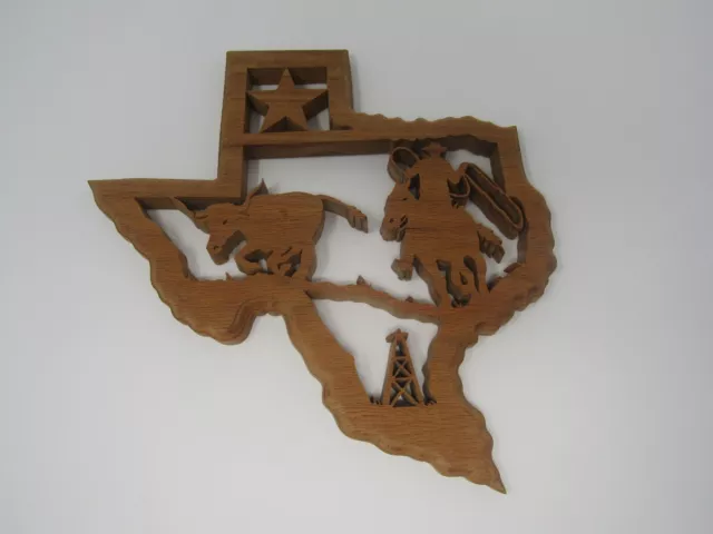 State of Texas Red Oak Wood Laser Cutout Cowboy Rodeo Oil Drill Wall Sign Plaque