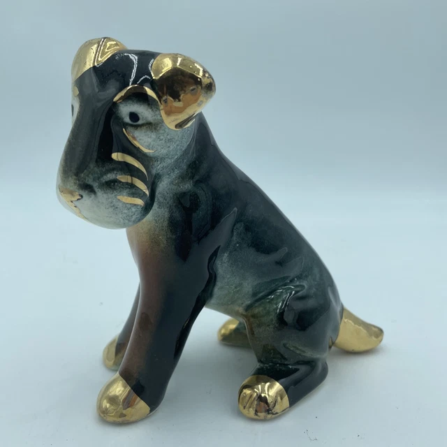 Vintage dog Schnauzer/Airedale Terrier Figurine Collectable MCM Gold Ears Feet