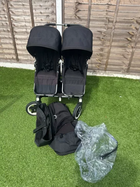 Bugaboo Donkey Duo/Twin with carrycot Double pushchair Buggy Pram Black Hoods