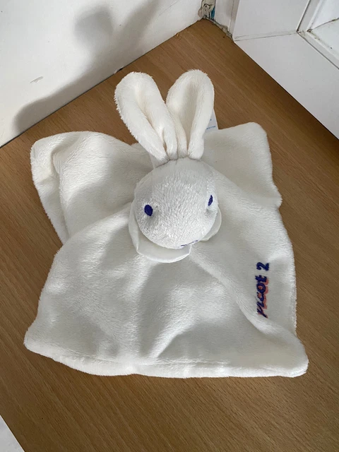 Doudou Plat Lapin PICOT 2 Carré Blanc Brodé Bleu Hase Rabbit Etat NEUF
