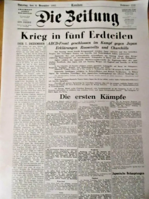 DIE ZEITUNG LONDON 9. Dezember 1941 Krieg in fünf Erdteilen USA/England-Japan