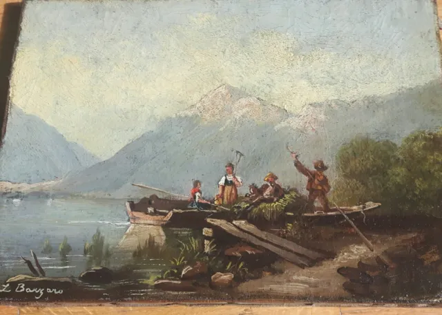 Leonardo Bazzaro  Contadini sul lago di Como olio su tela cm 30x23 ca.  19 sec.