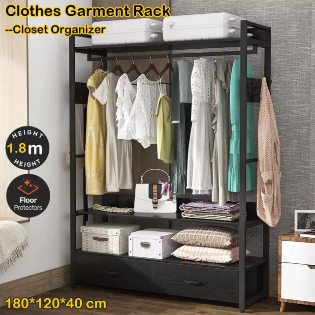 Freestanding Clothes Rack Shelves, Closet Organizer with Shelves Drawers and Hoo