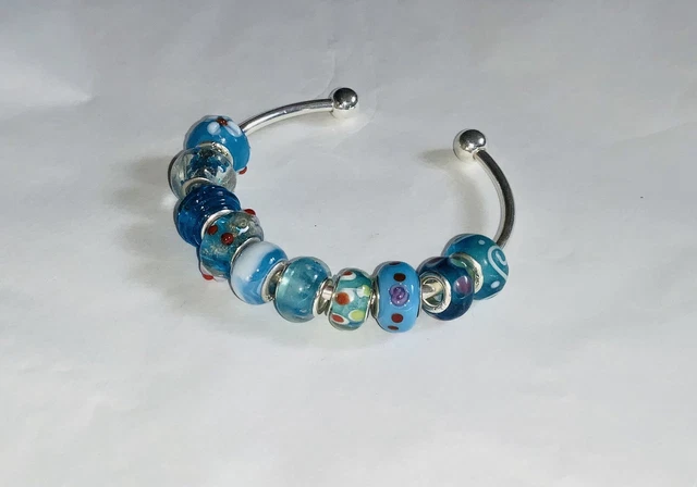 10 Mixed BLUE Hand Made GLASS European Large Hole BEADS Jewellery Making D