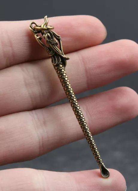 67MM Collection Chinese Bronze Auspicious Dragon Long Small Earpick Pendant 挖耳勺
