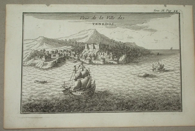 1 vue PORT et VILLE  TENEDOS et 1 carte de l'ILE  gravure 1717 voyage Tournefort