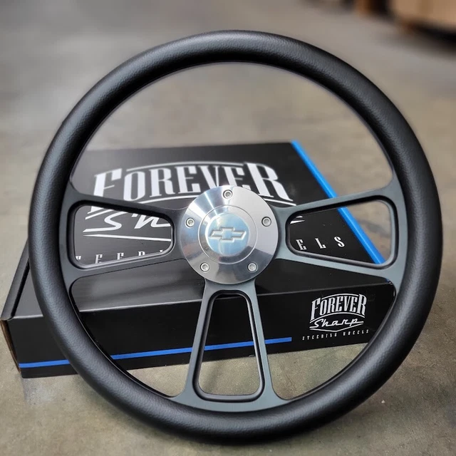 14" Black Billet Steering Wheel Vinyl Wrap Polished Licensed Chevy Bowtie Horn