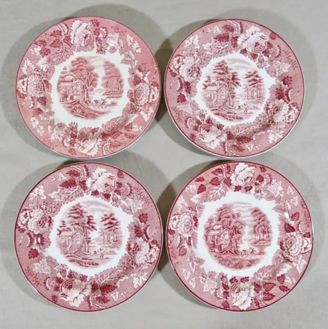 Set 4 Wood & Sons Enoch Woods Ware English Scenery Pink 6” Bread & Butter Plates