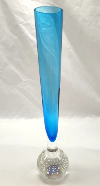 Vintage Aqua Art Glass bubble/ball weighted base Bud Vase - 25cm tall.