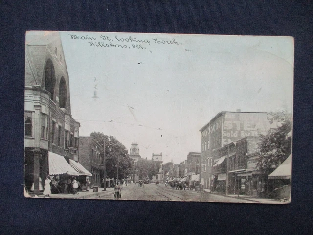 1916 Hillsboro Illinois Main Street Scene Postcard & Cancel