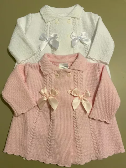 Baby Girls Spanish Knitted Pram Coat Jacket Long Cardigan Bows White Pink 0-12M