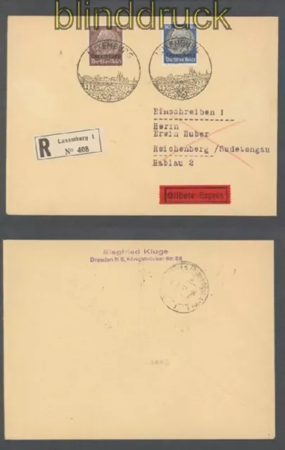 Luxemburg Mi #  6 + 15 MiF Eil-R-Brief SSt. 4.11.1941 nach Reichenberg (43007)