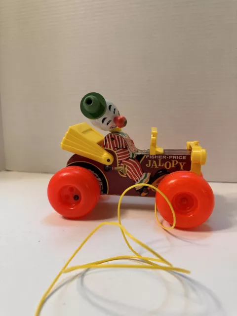Vintage 1965 Fisher Price Jolly Jalopy Circus Clown Pull Toy #724 Wooden