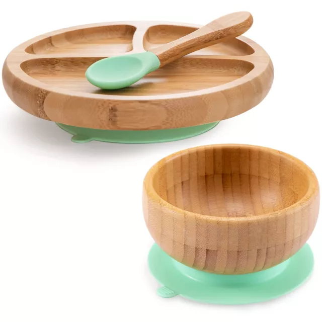 Baby Bamboo Suction Plate Bowl and Spoon Set Wooden Feeding Set for Toddler NEW