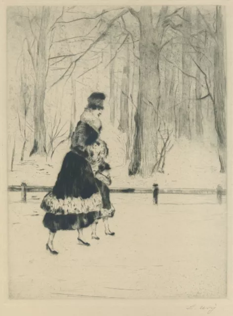 Lesser Ury - Dama con bambino al Tiergarten - incisione 1920, firmata