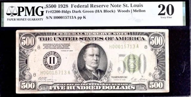 Federal Reserve Note St.Louis $500 1928 Fr#2200-Hdgs PMG 20 Very Fine Banknote