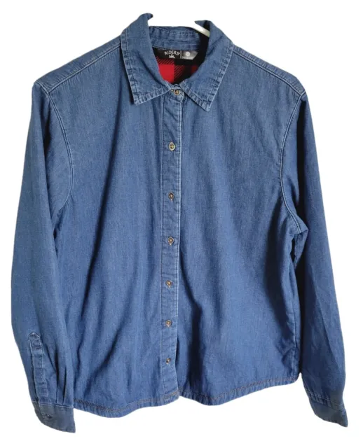 Women's Lee Riders Blue Denim Jean Shirt button down Fleece Lined M