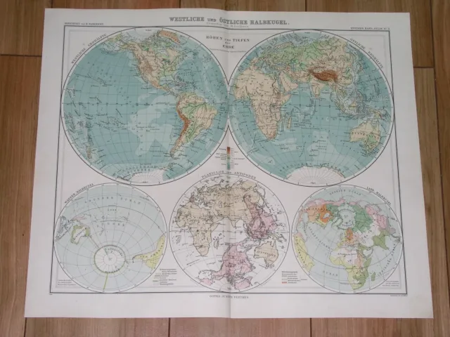 1912 Antique Map Of The World Globes Hemispheres America Asia Africa Europe