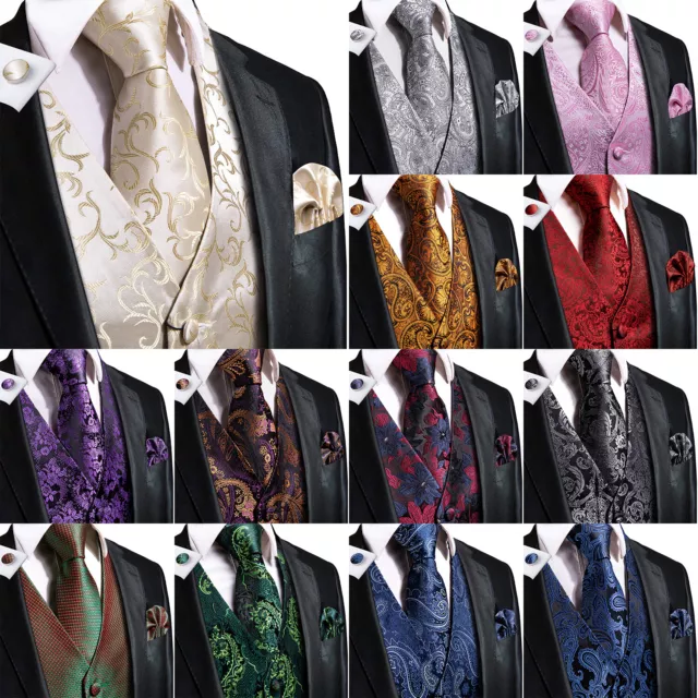 Mens Gold Blue Red Paisley Dress Vest Neck Tie Hankie Set Suit Tuxedo Waistcoat