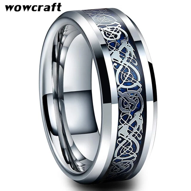 Tungsten Celtic Ice Dragon Ring Blue Carbon Fiber Wedding Band 8mm Sizes 5-15