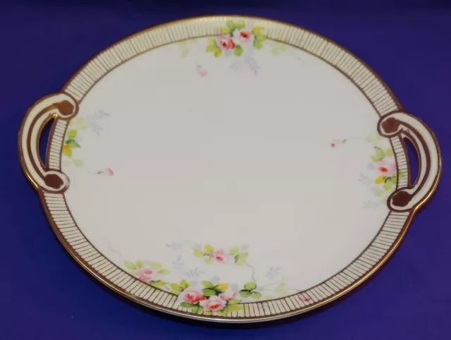 Vintage Hand Painted China Maruki Nippon Cake Plate W/ Handles & Pink Roses