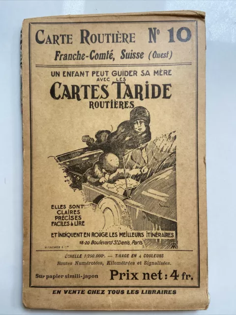 1920s Vintage French Map CARTE ROUTIERE TARIDE N° 10 Franche-Comte, Suisse Ouest