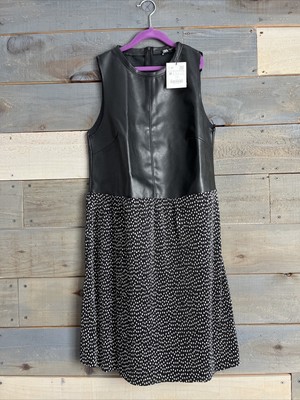 NWT Faux Leather Pleated Polka Dot Mini Dress Sleeveless Black White M
