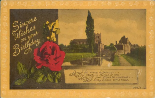 Birthday wishes rose and inset rural village scene