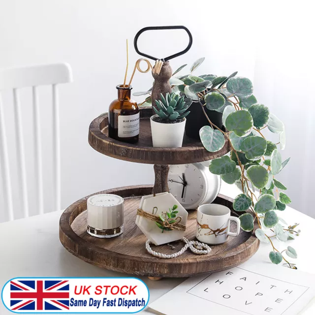 2 Tier Wooden Serving Tray Farmhouse Rustic Serving Tray Dessert Holder UK Stock