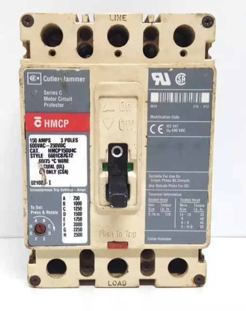Cutler Hammer HMCP150U4C 3 Pôle Disjoncteur 150 Amp / Testé Bien