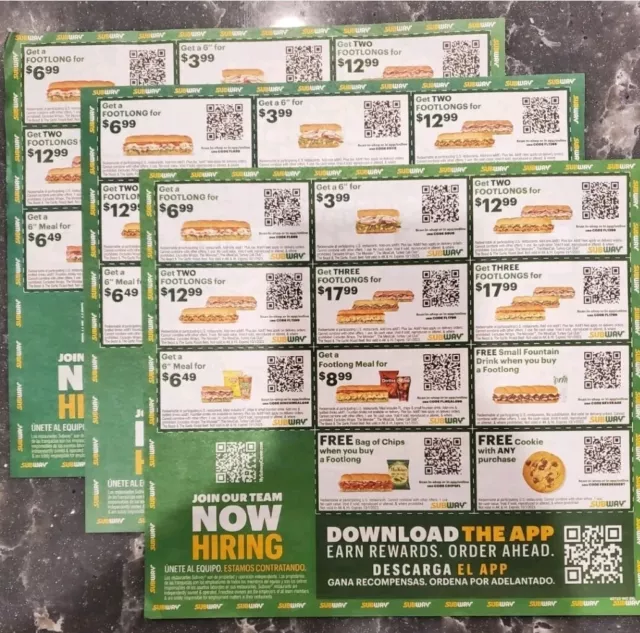 ⭐ SUBWAY COUPONS!!! 2X Sheets = 28 Coupons In All!!! Exp 12/31/23 ⭐ $2.00 -  PicClick