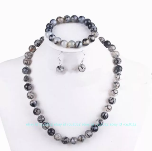 8mm Natural Black White Dragon Veins Agate Necklace Bracelet Earrings Set AA