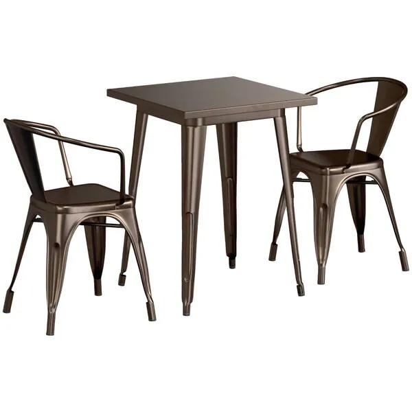 23.5'' Square Copper Metal Restaurant Table Set with 2 Armchairs For Outdoor Use