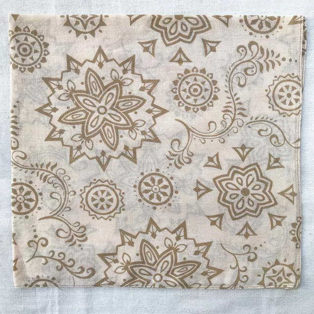 Vintage Handkerchief Beige Cotton Geometric Floral Pattern Art Pocket Square 19"