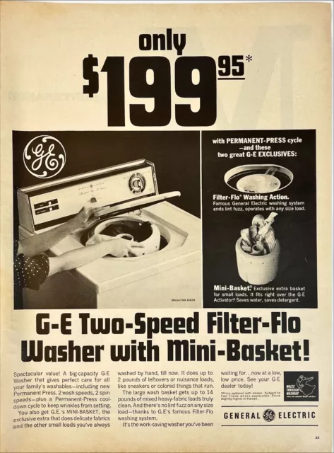 Vintage 1967 Print Ad General Electric GE Two-Speed Filter-Flo Washing Machine