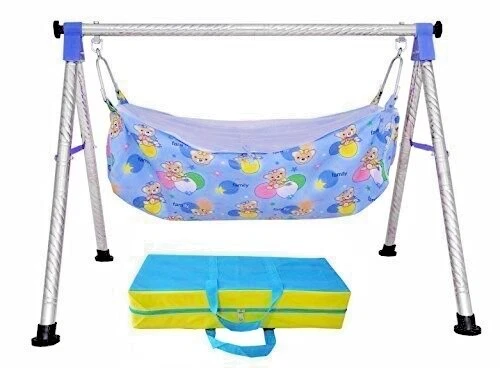 NRI Fully Folding Steel Cradle with Two cotton hammocks with mosquito net KR78