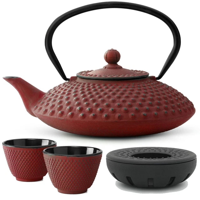 Asia Tee Set Teekanne Teesieb Stövchen Becher Teeservice Gußeisen rot 1,25 L