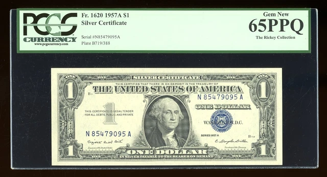 DBR $1 1957-A Silver Gem Fr. 1620 NA Block PCGS 65 PPQ Serial N85479095A