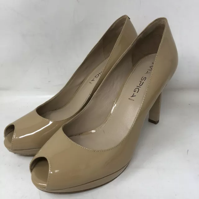 Via Spiga Peep Toe Patent Leather Pumps 6.5M Beige Classic Stiletto Heels Shoes